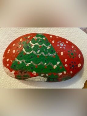 Hand-Painted Red & Green Christmas Tree Holiday Rock..0.54 lb. (1/2 pound)